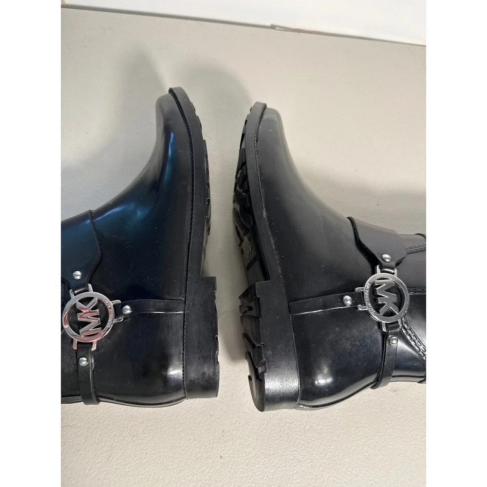 Michael Kors Fulton Harness Rain Boots Black Rubber Tall MK Logo Women 10M